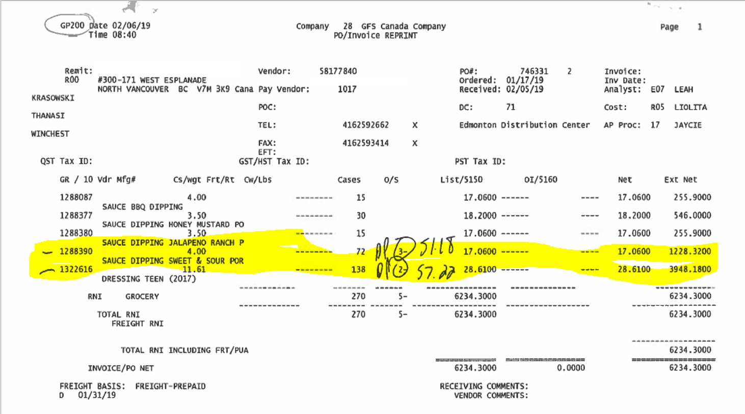 Gordon Food Service manual receipt match example