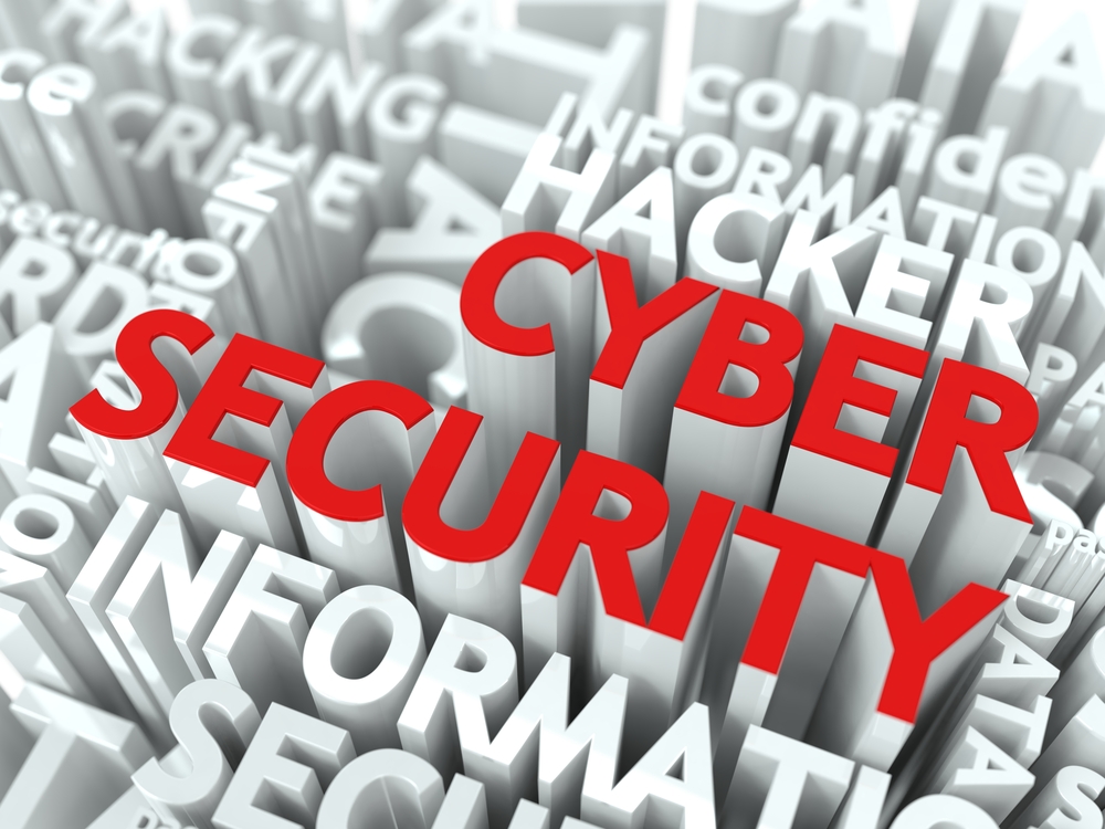 Cyber Security in red lettering over related words written in white